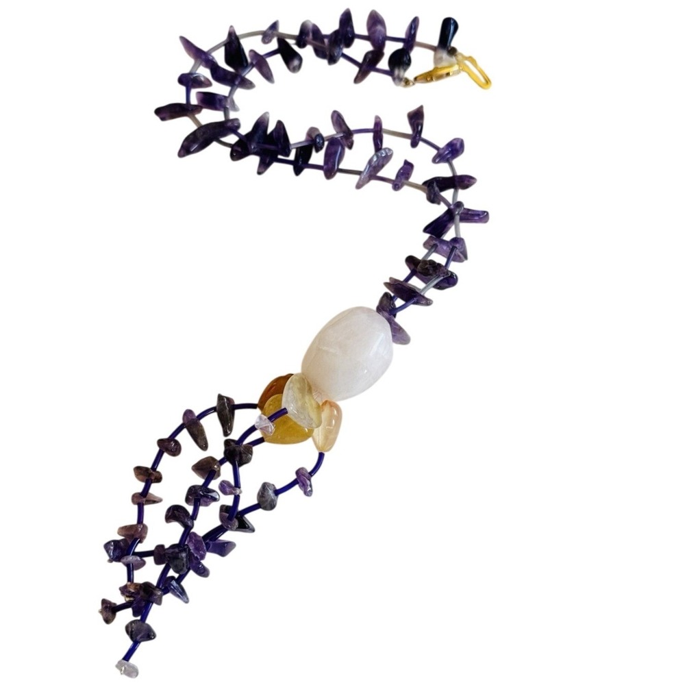 VTG BOHO Necklace Amethyst Quartz Chunky Beads Genuine Natural Tassel Mod 17"